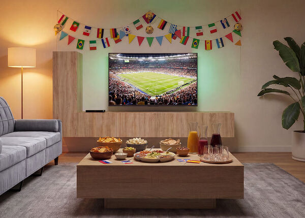 Sala de estar preparada para ver un partido de f&uacute;tbol, con un televisor que muestra un estadio lleno de aficionados, un sof&aacute; frente a una mesa de centro de madera repleta de aperitivos y bebidas, y coloridas banderas internacionales decorando la pared.