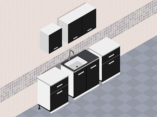 Ilustraci&oacute;n de armarios de cocina en blanco y negro con fregadero, muebles de pared y suelo de baldosas.