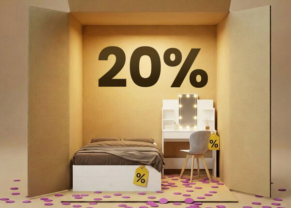Muebles de dormitorio modernos con cama blanca y tocador beige en una escena tipo caja, con un 20% de descuento en art&iacute;culos esenciales de dormitorio.