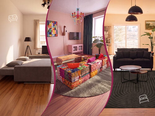 Collage con tres estilos de sof&aacute;: un sal&oacute;n moderno con sof&aacute;s oscuros, un sof&aacute; modular de patchwork colorido alrededor de una mesa de centro y un sof&aacute; cama gris completamente abierto. Haz clic para ver la colecci&oacute;n de sof&aacute;s.
