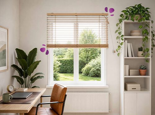 Un rinc&oacute;n de oficina en casa con una veneciana de madera instalada sobre una ventana grande, que filtra suavemente la luz natural y ofrece vistas a un jard&iacute;n verde exterior. Debajo hay un escritorio de madera y una silla de cuero, con una planta alta y estanter&iacute;as abiertas blancas con peque&ntilde;os cactus visibles a ambos lados, creando un espacio de trabajo tranquilo y despejado.