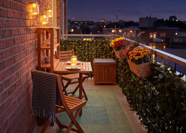 Balc&oacute;n peque&ntilde;o con sillas y mesa de madera, iluminado con farolillos y velas, decorado con flores en maceta y plantas, con vistas al perfil urbano de noche.
