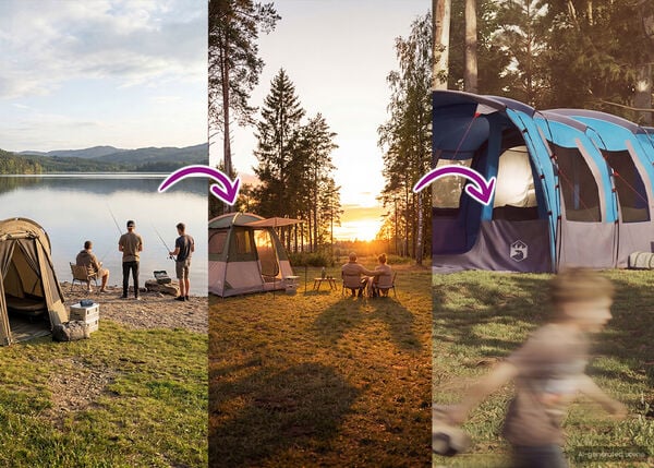 Banner dividido que muestra una progresi&oacute;n de experiencias de camping. A la izquierda, tres personas pescan y se relajan junto a una peque&ntilde;a tienda a la orilla de un lago al atardecer. En el centro, dos personas est&aacute;n sentadas a una mesa con una tienda m&aacute;s grande azul y gris detr&aacute;s de ellas, tambi&eacute;n al atardecer. A la derecha se muestra una vista borrosa de una estructura m&aacute;s grande similar a una tienda. Las flechas indican una transici&oacute;n entre las escenas y sugieren una mejora en la experiencia al aire libre.