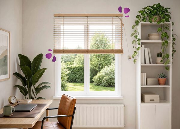 Un rinc&oacute;n de oficina en casa luminoso, con una veneciana de madera en una ventana grande que deja pasar una luz natural suave y enmarca las vistas a un jard&iacute;n verde exterior. Debajo hay un escritorio de madera y una silla de cuero, decorados con un port&aacute;til, material de papeler&iacute;a y una taza de cer&aacute;mica. Una planta alta, estanter&iacute;as abiertas con libros y peque&ntilde;os cactus, y un perchero completan un espacio de trabajo tranquilo y ordenado.