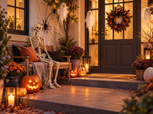 Porche de entrada decorado para Halloween con calabazas iluminadas, un esqueleto en un banco, fantasmas colgantes, telara&ntilde;as y luces festivas c&aacute;lidas.