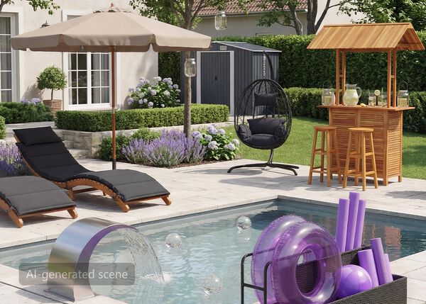 Patio moderno con una silla de lounge acolchada bajo una sombrilla beige, una silla colgante tipo huevo y un bar exterior de madera con taburetes; rodeado de vegetaci&oacute;n bien cuidada, flores de lavanda y un peque&ntilde;o cobertizo de jard&iacute;n al fondo.