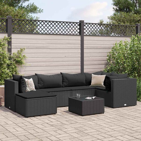 vidaXL Set de muebles de jardín y cojines 7 pzas ratán sintético negro