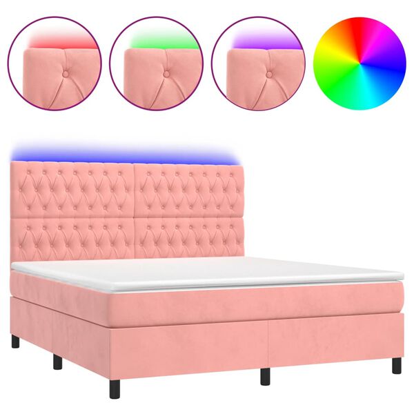 vidaXL Cama box spring colch&oacute;n y LED terciopelo rosa 160x200 cm