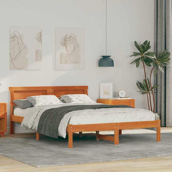 vidaXL Estructura de cama con cabecera Marr&oacute;n cera 135 x 190 cm