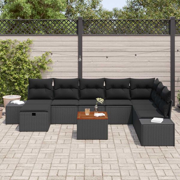 vidaXL Conjunto de sof&aacute; de jard&iacute;n con coj&iacute;n 9 pcs Negro Polirat&aacute;n
