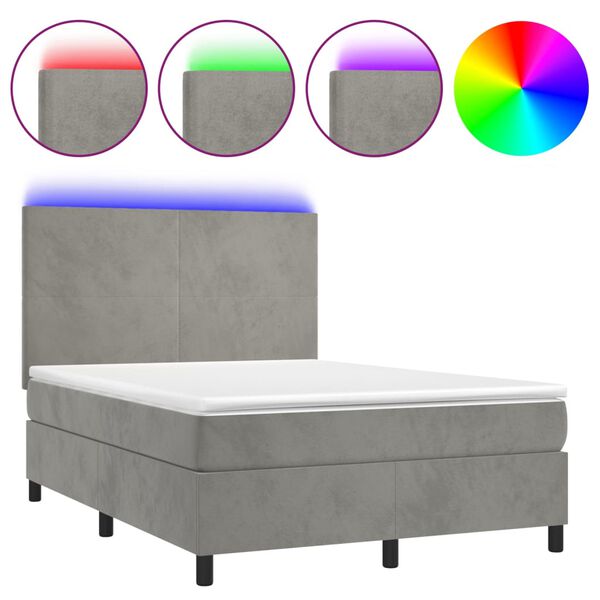 vidaXL Cama box spring colch&oacute;n y LED terciopelo gris claro 140x190 cm