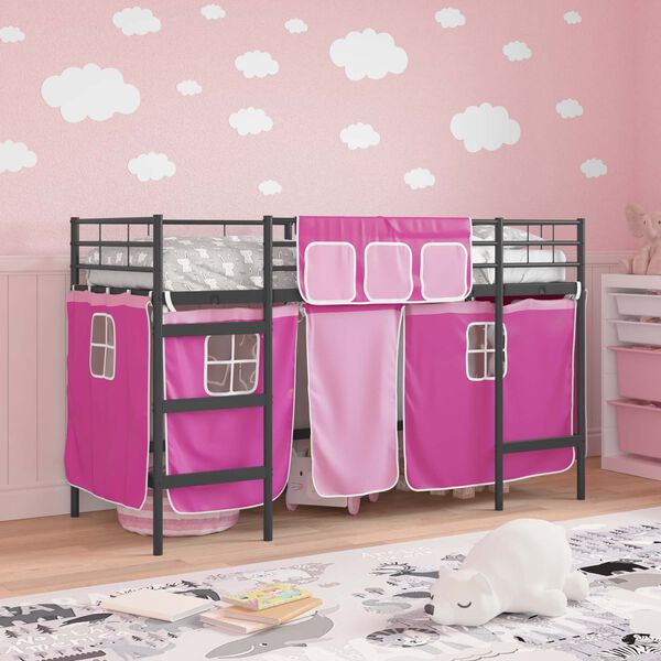 vidaXL Estructura de Cama Alta para Ni&ntilde;os con Cortinas Negro y Rosa