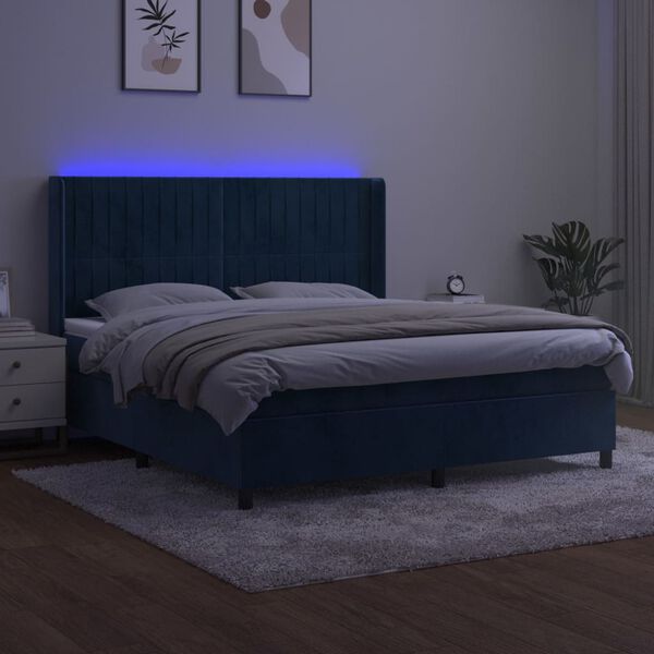 vidaXL Cama box spring colch&oacute;n y LED terciopelo azul oscuro 180x200 cm