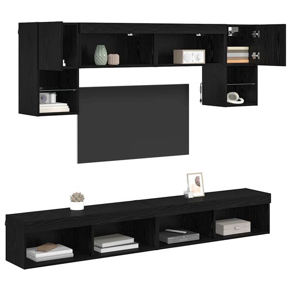 vidaXL Unidades de TV de Pared con LED 6 pcs Roble Negro