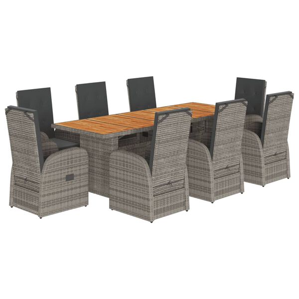 vidaXL Set comedor jard&iacute;n 9 pzas y cojines rat&aacute;n sint&eacute;tico gris