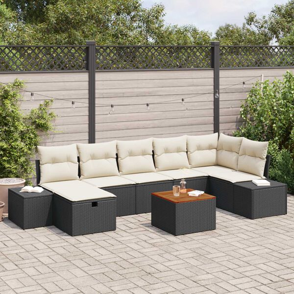 vidaXL Conjunto de sof&aacute; de jard&iacute;n con coj&iacute;n 8 pcs Negro Polirat&aacute;n
