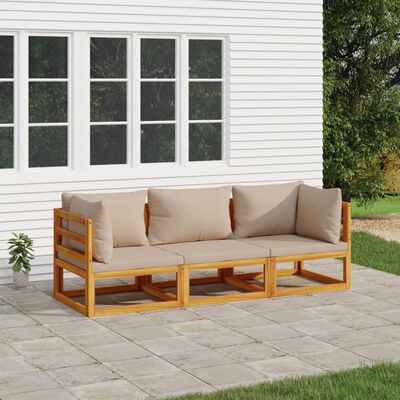 vidaXL Set muebles de jardín 3 pzas madera maciza y cojines gris taupé
