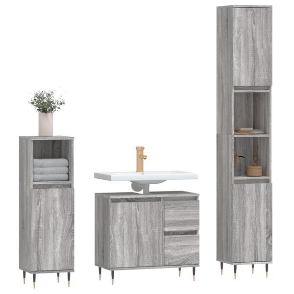 vidaXL Set de muebles de ba&ntilde;o 3 pzas madera contrachapada gris sonoma