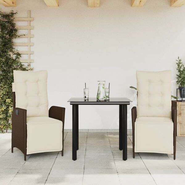 vidaXL Set comedor de jard&iacute;n 3 piezas y cojines rat&aacute;n sint&eacute;tico marr&oacute;n