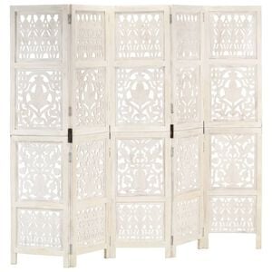 vidaXL Biombo 5 paneles tallado a mano madera mango blanco 200x165 cm