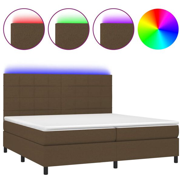 vidaXL Cama box spring colch&oacute;n luces LED tela marr&oacute;n oscuro 200x200 cm