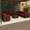 vidaXL Set muebles de jard&iacute;n 10 pzas y cojines rat&aacute;n sint&eacute;tico marr&oacute;n