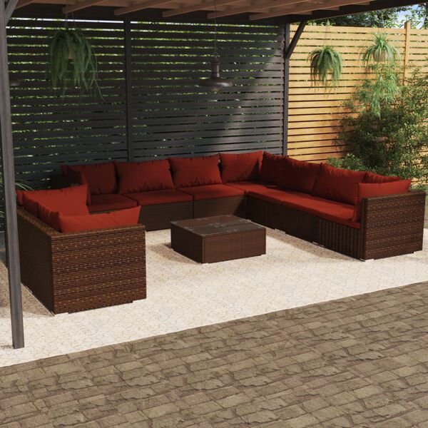 vidaXL Set muebles de jard&iacute;n 10 pzas y cojines rat&aacute;n sint&eacute;tico marr&oacute;n