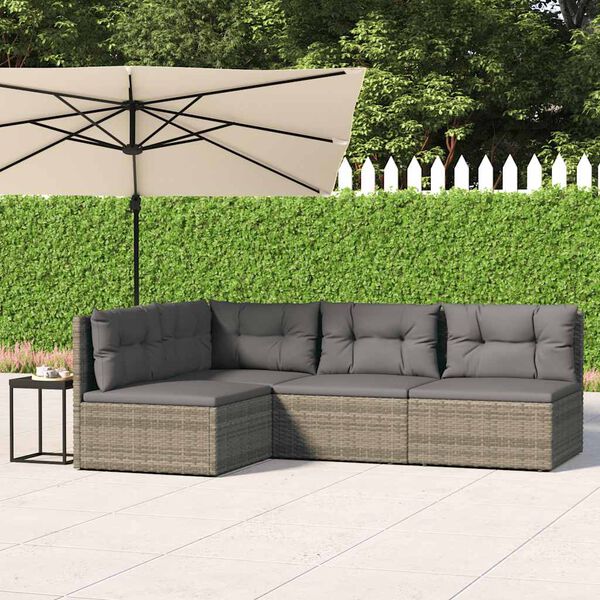 vidaXL Set de muebles de jard&iacute;n 4 pzas y cojines rat&aacute;n sint&eacute;tico gris