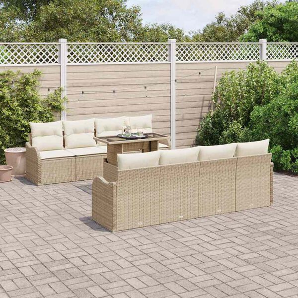 vidaXL Conjunto de sof&aacute; de jard&iacute;n con coj&iacute;n 9 pcs Beige Polirat&aacute;n