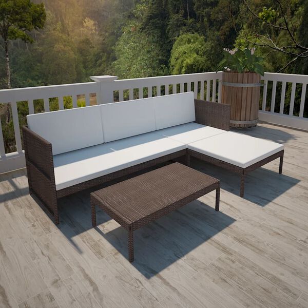 vidaXL Set muebles de jard&iacute;n 3 pzas y cojines rat&aacute;n sint&eacute;tico marr&oacute;n