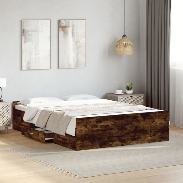 vidaXL Cama con cajones madera de ingenier&iacute;a roble ahumado 140x190 cm