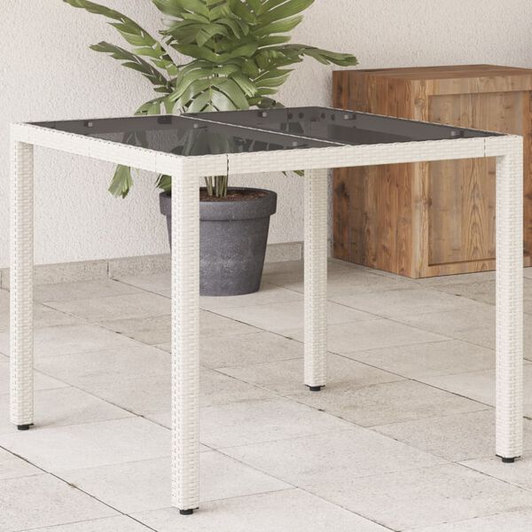 vidaXL Mesa de jardín superficie de vidrio ratán PE blanco 90x90x75 cm