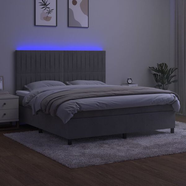 vidaXL Cama box spring colch&oacute;n y LED terciopelo gris claro 160x200 cm