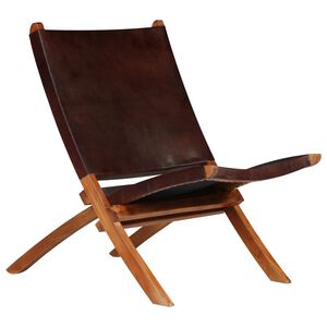 vidaXL Silla plegable de cuero aut&eacute;ntico marr&oacute;n.