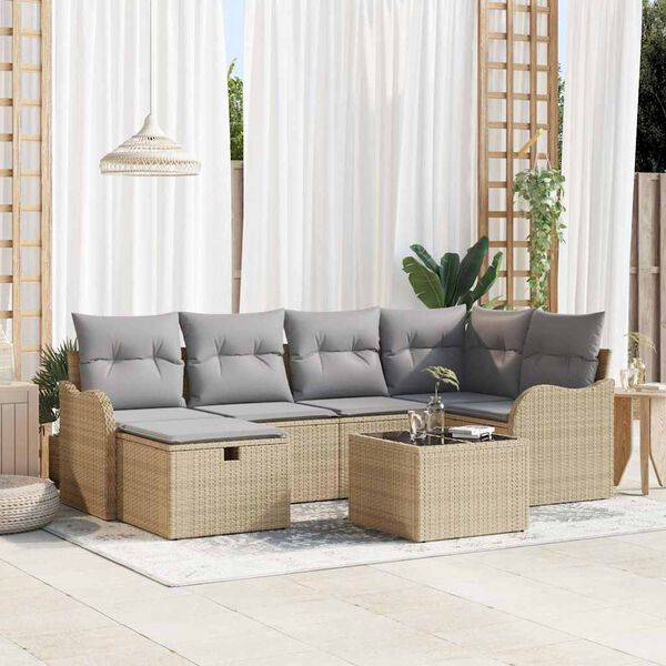 vidaXL Conjunto de sofá de jardín con cojín 7 pcs Beige Poliratán
