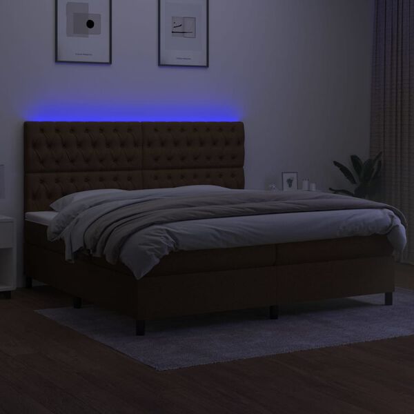 vidaXL Cama box spring colch&oacute;n luces LED tela marr&oacute;n oscuro 200x200 cm