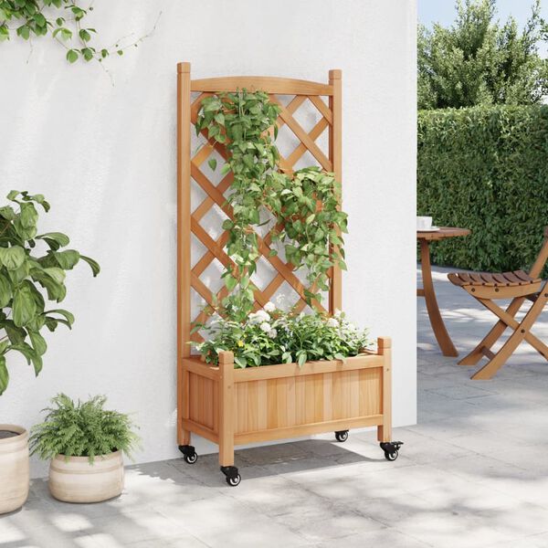 vidaXL Jardinera con enrejado y ruedas madera maciza de abeto marrón