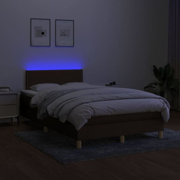 vidaXL Cama box spring con colch&oacute;n y LED tela marr&oacute;n oscuro 120x200 cm