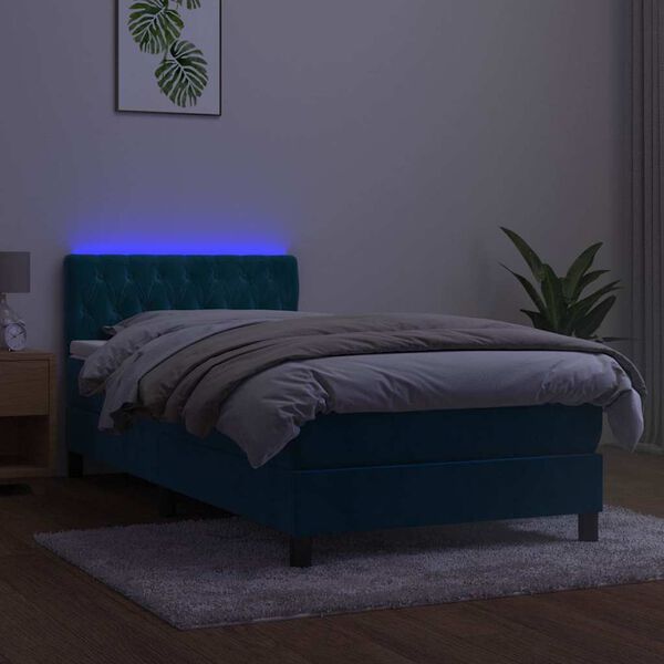 vidaXL Cama box spring colch&oacute;n y LED terciopelo azul oscuro 90x200 cm
