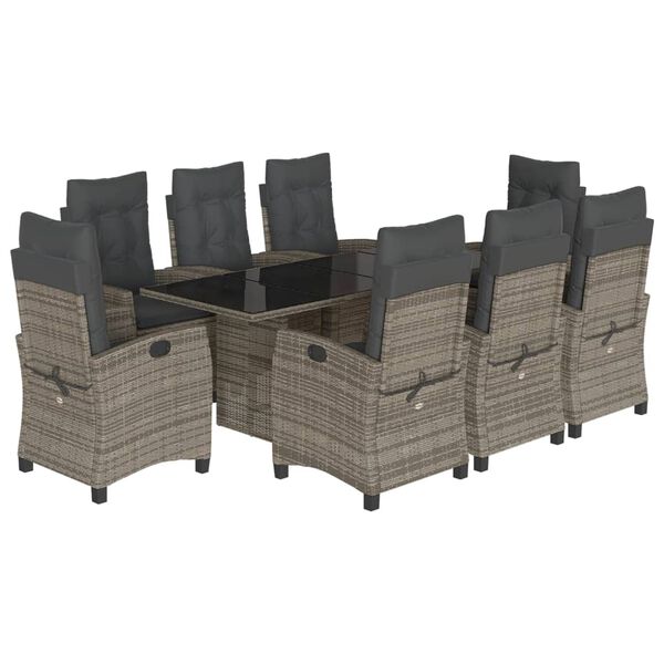 vidaXL Set comedor jard&iacute;n 9 pzas y cojines rat&aacute;n sint&eacute;tico gris