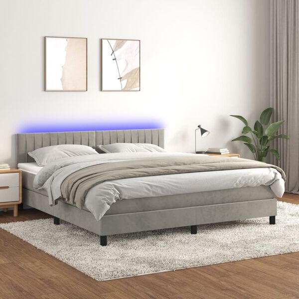 vidaXL Cama box spring colch&oacute;n y LED terciopelo gris claro 160x200 cm