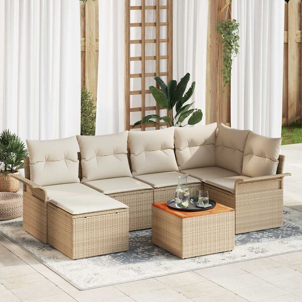 vidaXL Conjunto de sof&aacute;s de jard&iacute;n 7 pcs Beige y Crema rat&aacute;n sint&eacute;tico