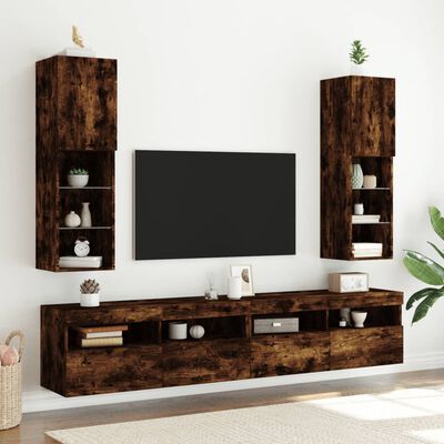vidaXL Muebles de TV con luces LED 2 uds roble ahumado 30,5x30x102 cm