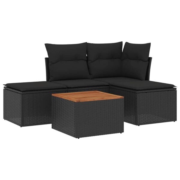 vidaXL Set de muebles de jard&iacute;n 5 pzas y cojines rat&aacute;n sint&eacute;tico negro