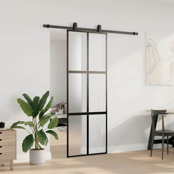 vidaXL Puerta corredera con herrajes negro 76x205 cm vidrio templado