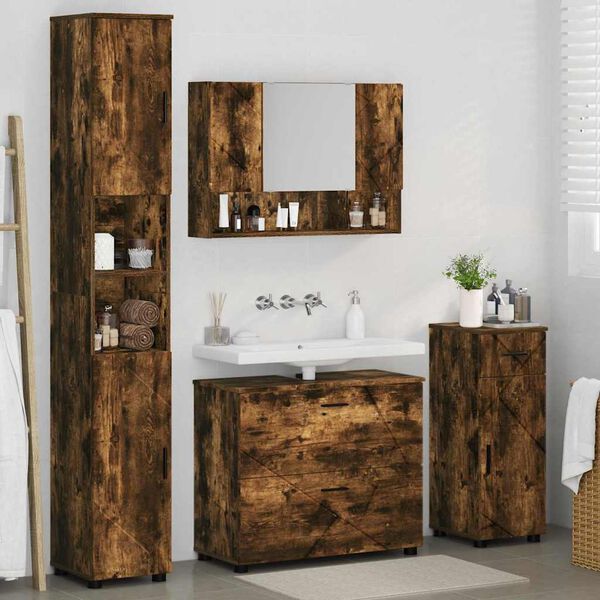 vidaXL Juego de muebles de ba&ntilde;o con caj&oacute;n 4 pcs Roble ahumado
