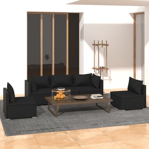 vidaXL Set de muebles de jardín 5 pzas y cojines ratán sintético negro