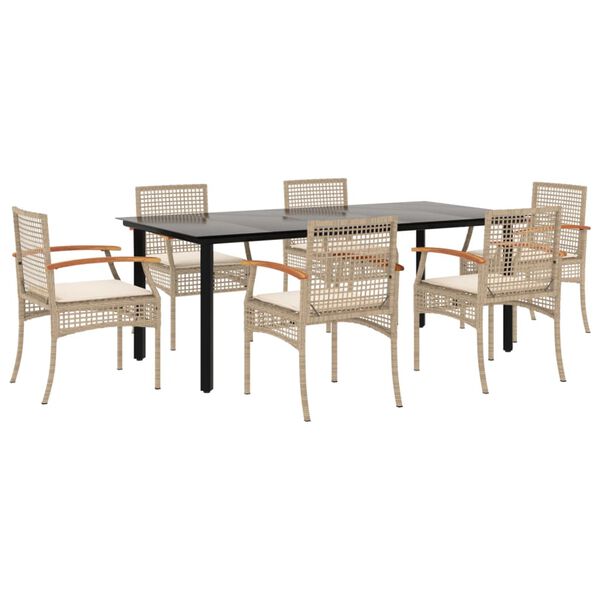 vidaXL Set comedor de jard&iacute;n 7 pzas con cojines rat&aacute;n sint&eacute;tico beige