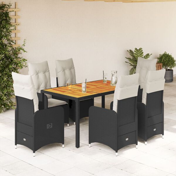 vidaXL Set de mesa y sillas de jard&iacute;n 7 pzas y cojines rat&aacute;n PE negro