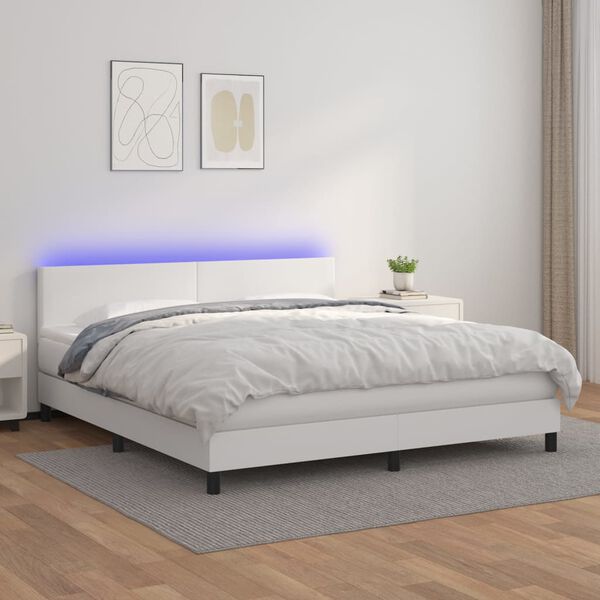 vidaXL Cama box spring colch&oacute;n y LED cuero sint&eacute;tico blanco 180x200 cm